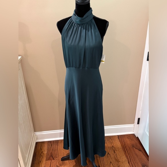 NWT Women’s JUST TAYLOR emerald green satin feel halter midi dress- Size 14 - Picture 3 of 10